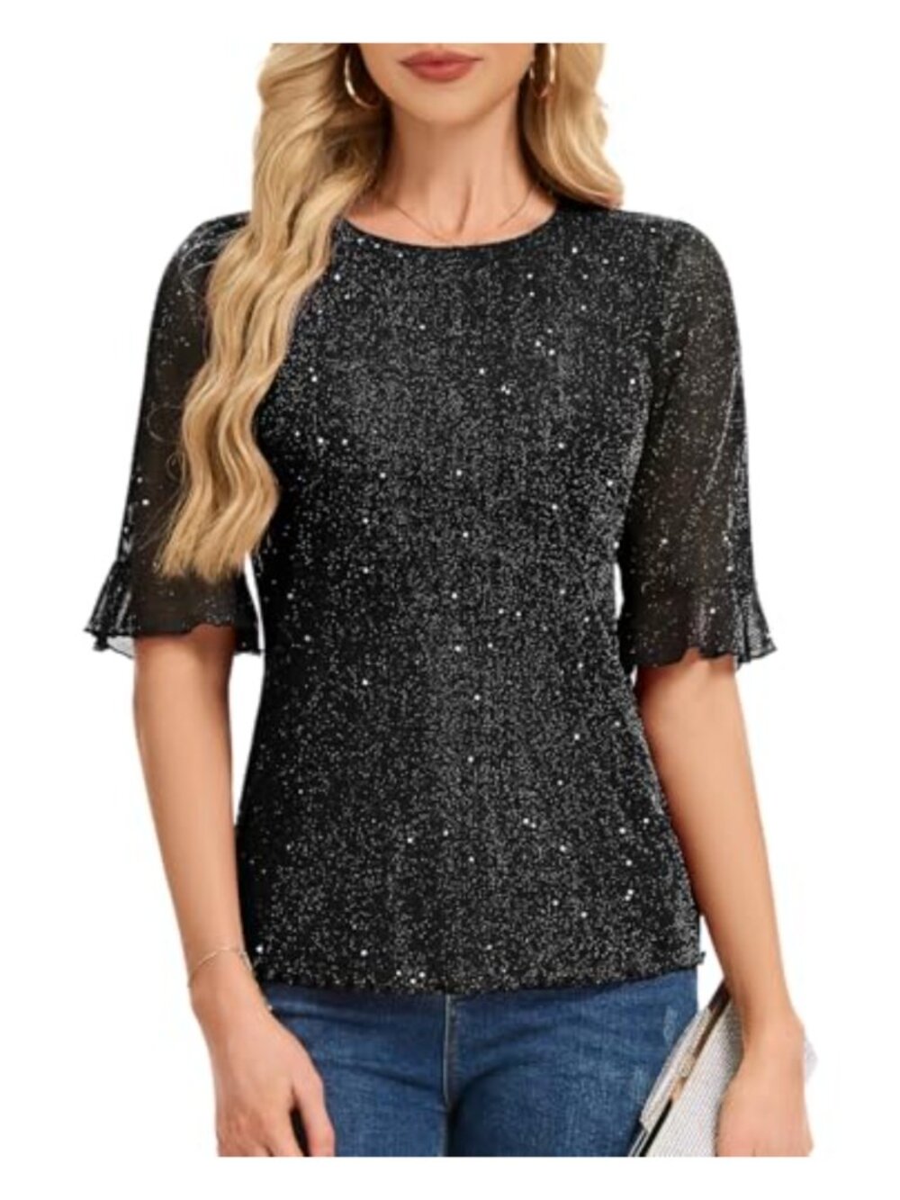 Sequin Mesh Blouse Half Ruffle Sleeve Sparkly Party Wedding Top